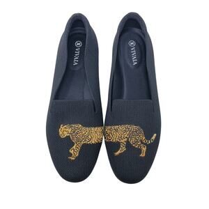 Vivaia Audrey Round Toe Embroidered Loafers Black Cheetah Embroidered Size 39